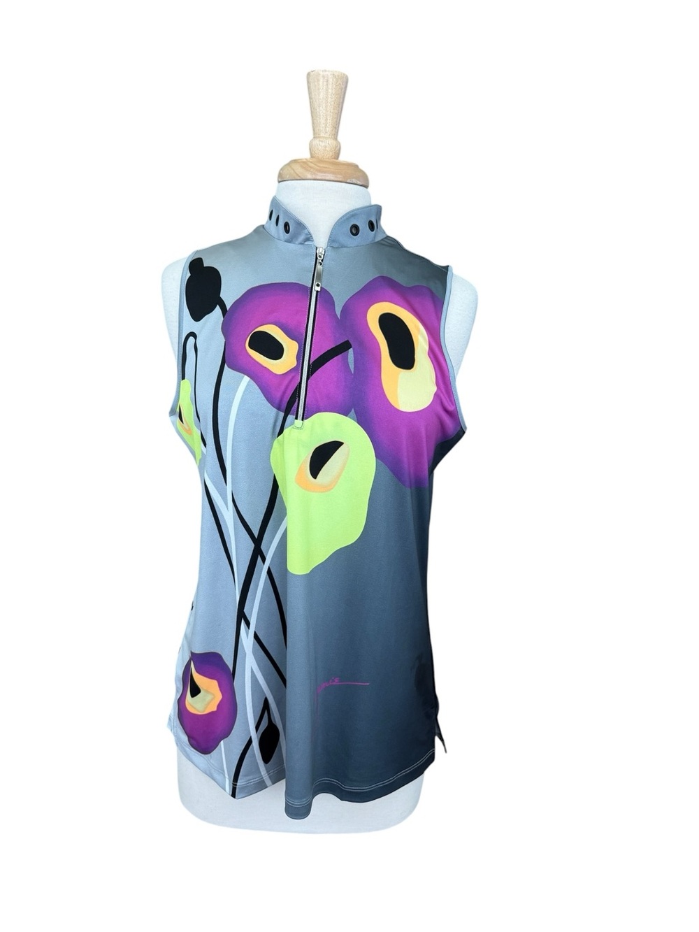 Jamie Sadock Womens Sz Large Poppies Racer Back Sleeveless Golf Top Gray SPF
50+